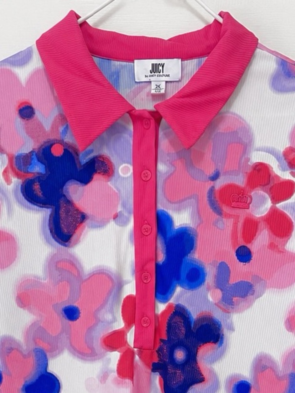 Juicy Couture Floral Polo Dress XL fit L Pink Blue Stretch Ribbed Casual Preppy - Picture 4 of 10